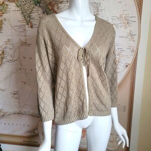 Jason Maxwell tan loose weave v-neck cardigan tie front metallic boho grandma M
